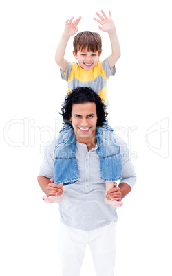 Smiling father giving piggyback ride to his little boy