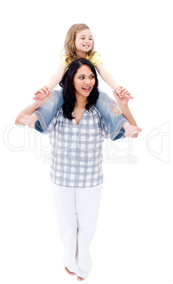 Cheerful mother giving piggyback ride to her daughter