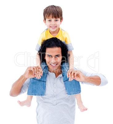 Caring father giving piggyback ride to his  little boy