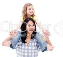 Smiling mother giving piggyback ride to her girl