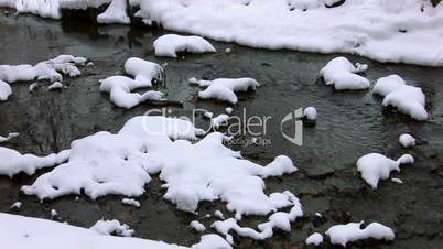 HD Winter snow and early spring stream, closeup