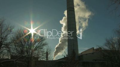 HD Coal burning power station with trees on foreground