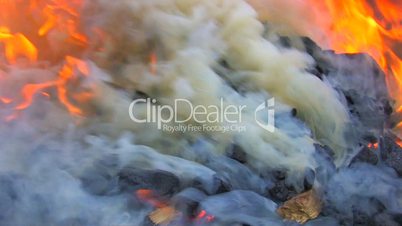HD Exhaust smoke and flame at blacksmith craft show, closeup