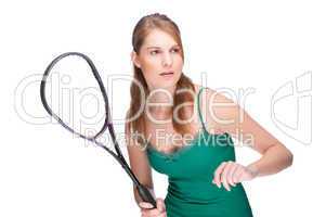 Frau mit einem Squashschläger