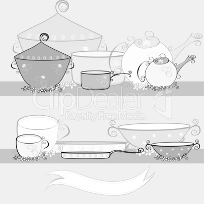 Black and white illustration with kitchen equipment