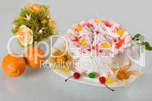 Composition - pie, flowers and fruit