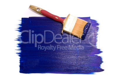 Brush with blue paint on the white background