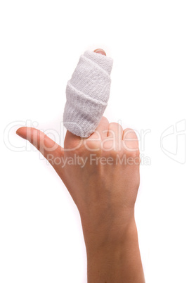 White medicine bandage on human injury hand finger