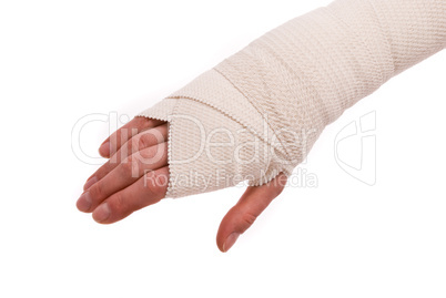 White medicine bandage on human injury hand. Studio isolated.