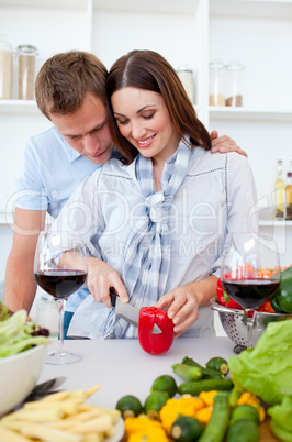 Intimate couple preparing dinner