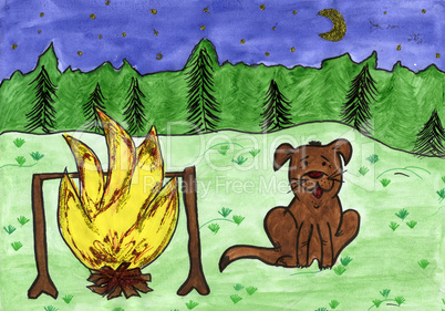 Child's drawing of dog and bonfire.