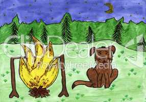 Child's drawing of dog and bonfire.