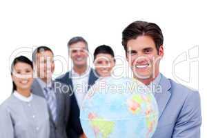 Young manager and his team holding a terrestrial globe