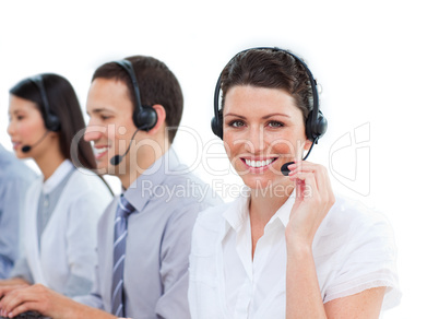 Enthusiastic customer service agents working in a call center