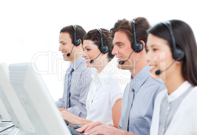 Self-assured customer service agents working in a call center