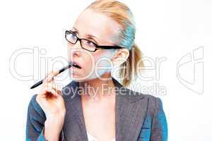 woman chewing pen