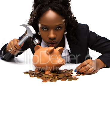 beautiful african american woman with a piggybank