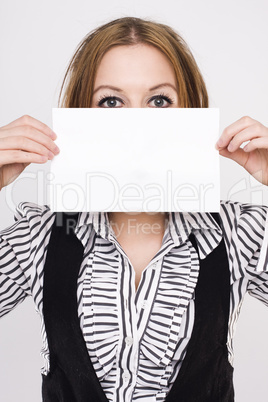 young business woman holding empty white board