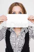 young business woman holding empty white board