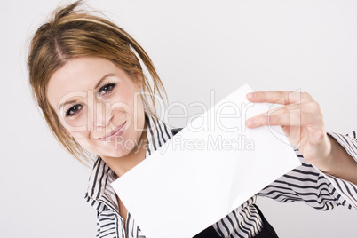 young business woman holding empty white board