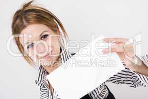 young business woman holding empty white board