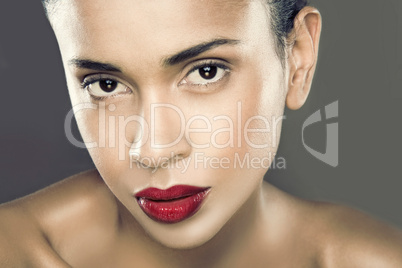 black hair young woman portrait, studio shot