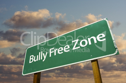 Bully Free Zone Green Road Sign and Clouds