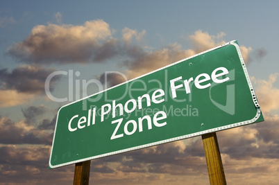 Cell Phone Free Zone Green Road Sign and Clouds