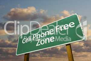 Cell Phone Free Zone Green Road Sign and Clouds