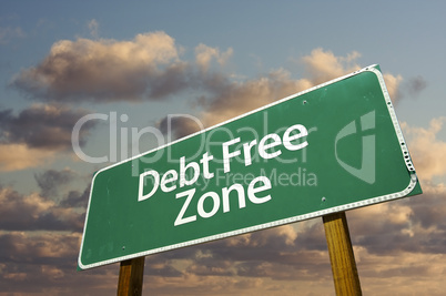 Debt Free Zone Green Road Sign and Clouds