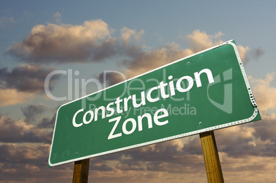 Construction Zone Green Road Sign and Clouds