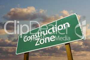 Construction Zone Green Road Sign and Clouds