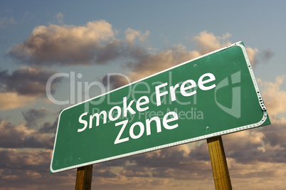 Smoke Free Zone Green Road Sign and Clouds