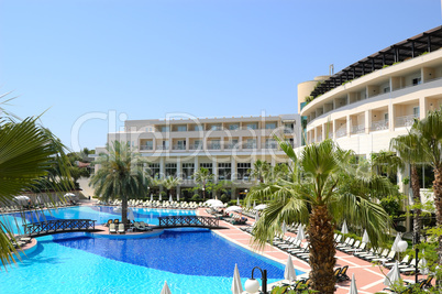 Swimming pool area at modern luxury hotel, Antalya, Turkey