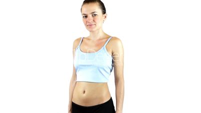 Woman giving thumbs up while measuring her waist