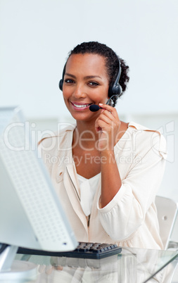 Charming businesswoman with headset on