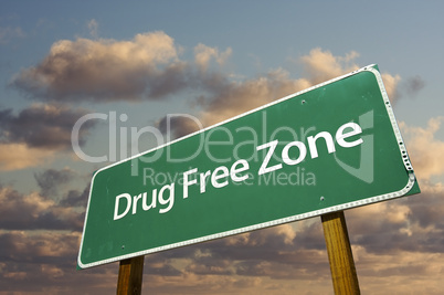 Drug Free Zone Green Road Sign Over Clouds
