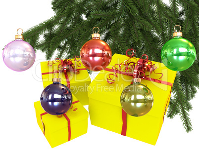 Colored balls with christmas tree branch