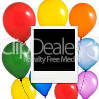 Multicolored balloons and photo frame on white background