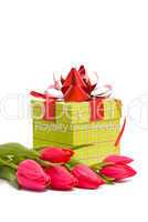 Red tulips and gift box on a white background