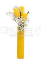 Bouquet from yellow tulips in a vase on a white background.