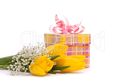 Yellow tulips and gift box on a white background