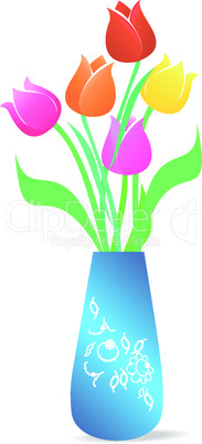 Illustration of beautiful vase with tulips is isolated on white background