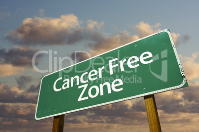 Cancer Free Zone Green Road Sign and Clouds