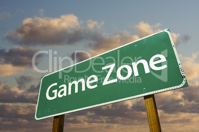 Game Zone Green Road Sign and Clouds