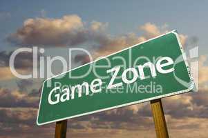 Game Zone Green Road Sign and Clouds