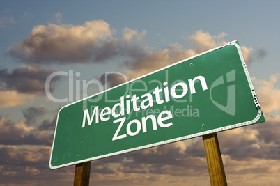 Meditation Zone Green Road Sign and Clouds