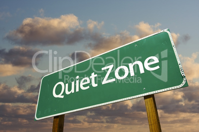 Quiet Zone Green Road Sign and Clouds