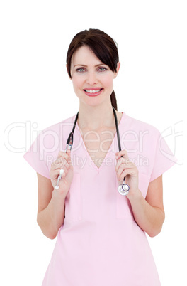 Portrait of a smiling nurse holding a stethoscope