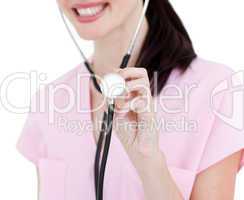 Close-up of a nurse holding a stethoscope